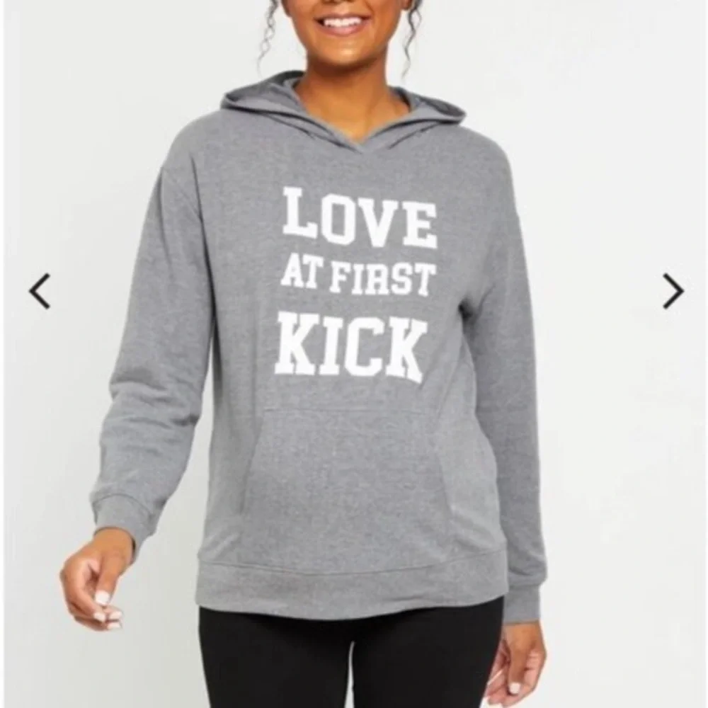 Motherhood Maternity Women’s Gray Hoodie ‘Love At First Kick’